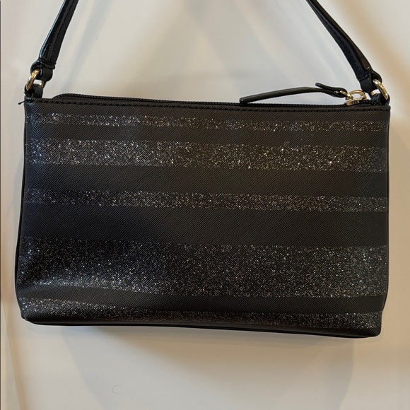 Kate Spade Black Glitter Stripe Crossbody Bag Slim Shoulder bag Zip Top - Picture 4 of 8